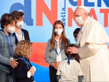 Pope Francis attends the ‘General State of the Birth Rate’ event in Rome, May 14, 2021.